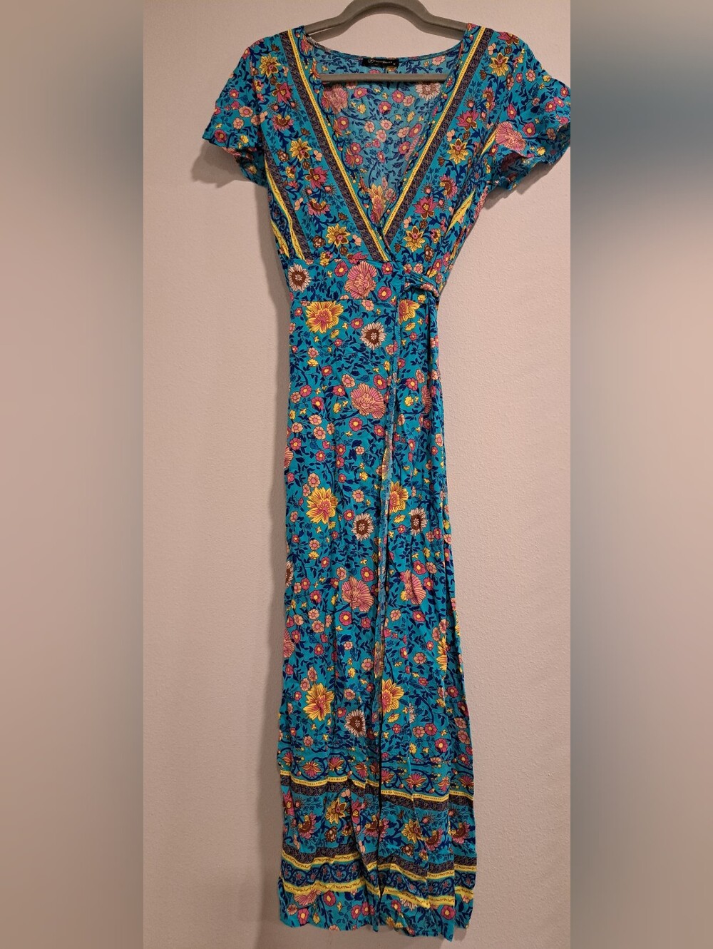 Pretty Garden Turquoise Blue Floral Boho Wrap Vneck Maxi Dress Short Sleeve Sz M